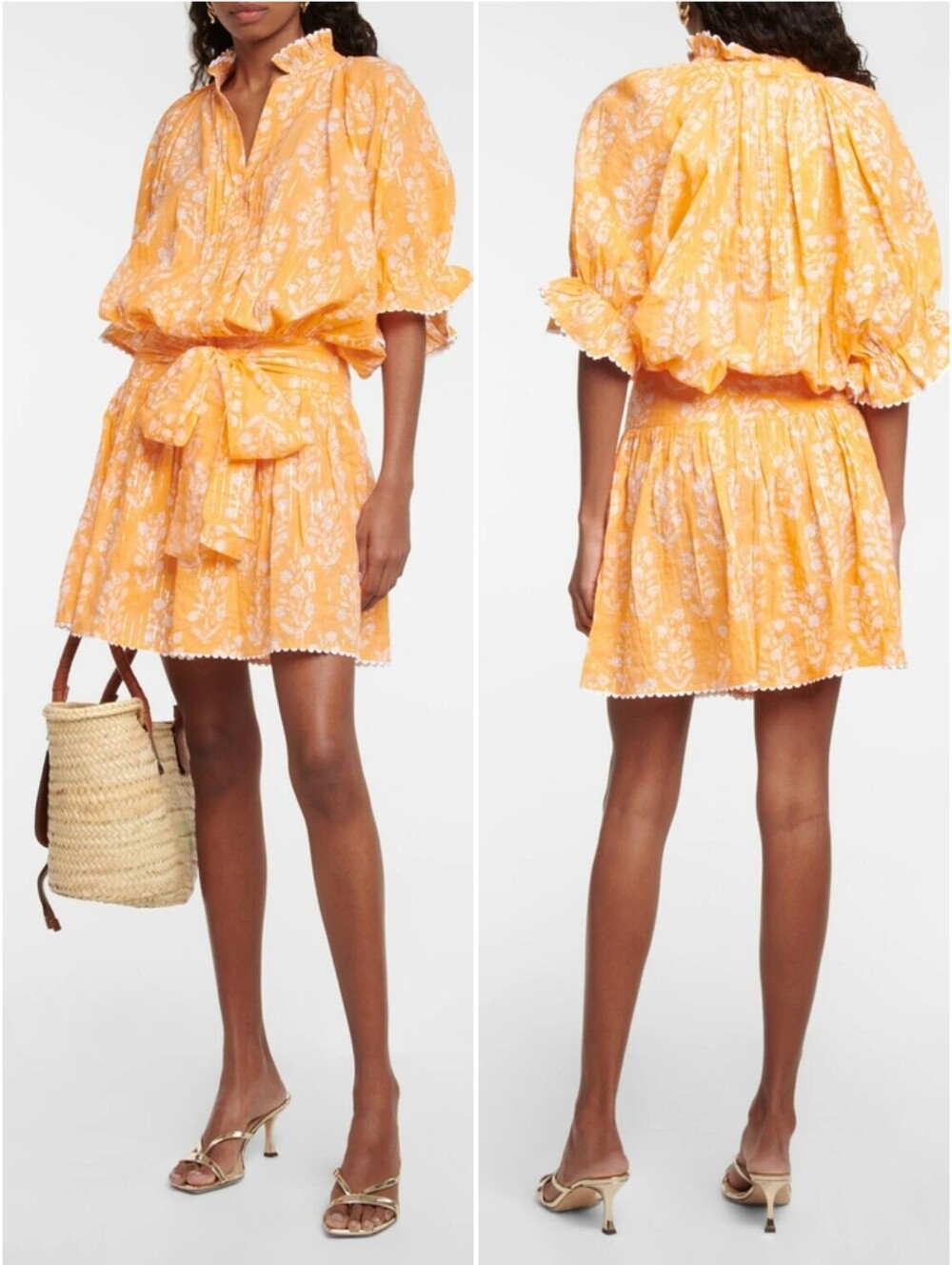 Juliet Dunn Floral Cotton Blend Shirtdress 1 Orange Silver 4/6 New